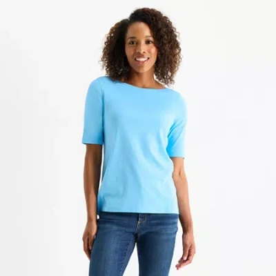 St. John's Bay Womens Easy-on + Easy-off Boat Neck Elbow Sleeve T-shirt In Blue