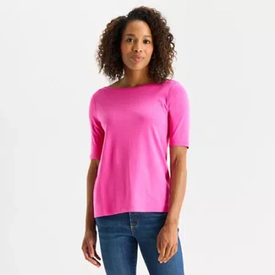 St. John's Bay Womens Easy-on + Easy-off Boat Neck Elbow Sleeve T-shirt In Pink