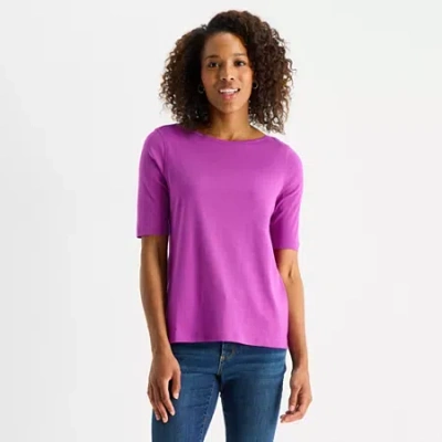 St. John's Bay Womens Easy-on + Easy-off Boat Neck Elbow Sleeve T-shirt In Purple