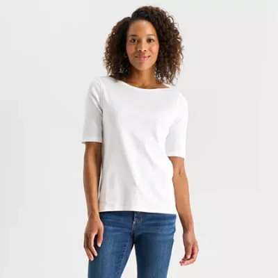 St. John's Bay Womens Easy-on + Easy-off Boat Neck Elbow Sleeve T-shirt In White