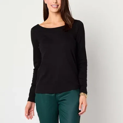 St. John's Bay Womens Easy-on + Easy-off Crew Neck Long Sleeve Adaptive T-shirt In Black