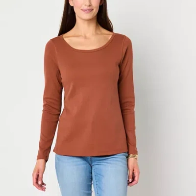 St. John's Bay Womens Easy-on + Easy-off Crew Neck Long Sleeve Adaptive T-shirt In Brown