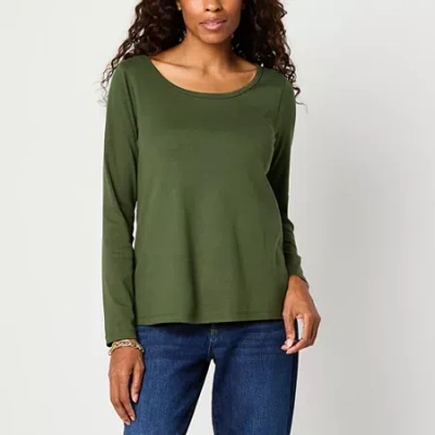 St. John's Bay Womens Easy-on + Easy-off Crew Neck Long Sleeve Adaptive T-shirt In Green