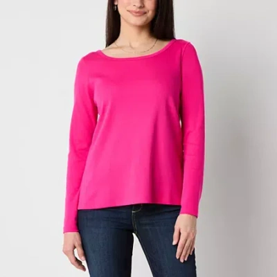 St. John's Bay Womens Easy-on + Easy-off Crew Neck Long Sleeve Adaptive T-shirt In Pink