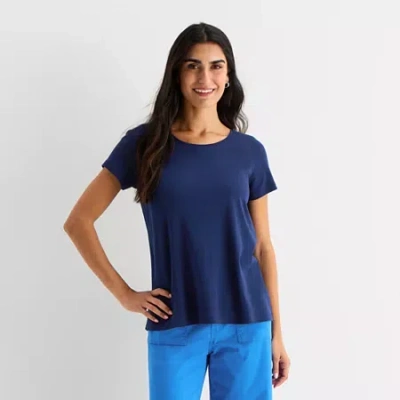 St. John's Bay Womens Easy-on + Easy-off Crew Neck Short Sleeve Adaptive T-shirt In Blue