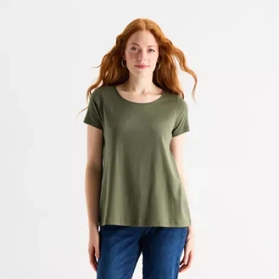 St. John's Bay Womens Easy-on + Easy-off Crew Neck Short Sleeve Adaptive T-shirt In Green