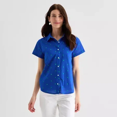 St. John's Bay Womens Easy-on + Easy-off Hidden Access Opening Roll Short Sleeve Regular Fit Button- In Blue