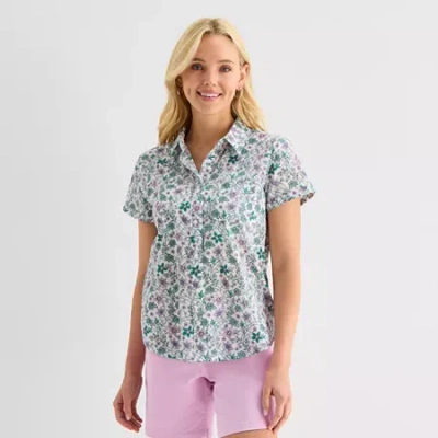 St. John's Bay Womens Easy-on + Easy-off Hidden Access Opening Roll Short Sleeve Regular Fit Button- In Pink