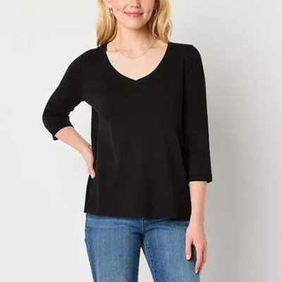 St. John's Bay Womens Easy-on + Easy-off V Neck 3/4 Sleeve Adaptive T-shirt In Black