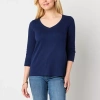 St. John's Bay Womens Easy-on + Easy-off V Neck 3/4 Sleeve Adaptive T-shirt In Blue