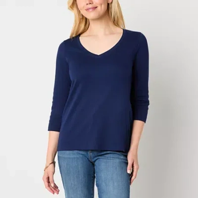 St. John's Bay Womens Easy-on + Easy-off V Neck 3/4 Sleeve Adaptive T-shirt In Blue