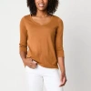 St. John's Bay Womens Easy-on + Easy-off V Neck 3/4 Sleeve Adaptive T-shirt In Brown