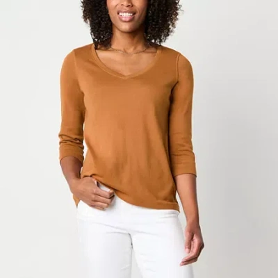 St. John's Bay Womens Easy-on + Easy-off V Neck 3/4 Sleeve Adaptive T-shirt In Brown