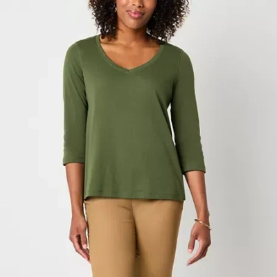 St. John's Bay Womens Easy-on + Easy-off V Neck 3/4 Sleeve Adaptive T-shirt In Green