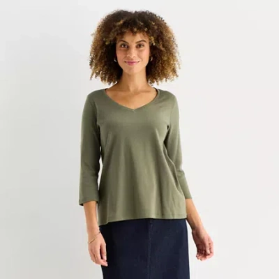 St. John's Bay Womens Easy-on + Easy-off V Neck 3/4 Sleeve Adaptive T-shirt In Green