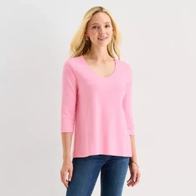 St. John's Bay Womens Easy-on + Easy-off V Neck 3/4 Sleeve Adaptive T-shirt In Pink