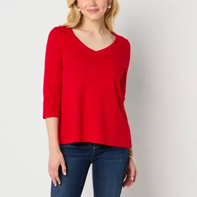 St. John's Bay Womens Easy-on + Easy-off V Neck 3/4 Sleeve Adaptive T-shirt In Red