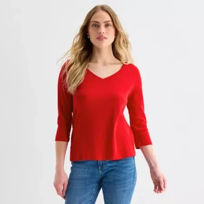 St. John's Bay Womens Easy-on + Easy-off V Neck 3/4 Sleeve Adaptive T-shirt In Red