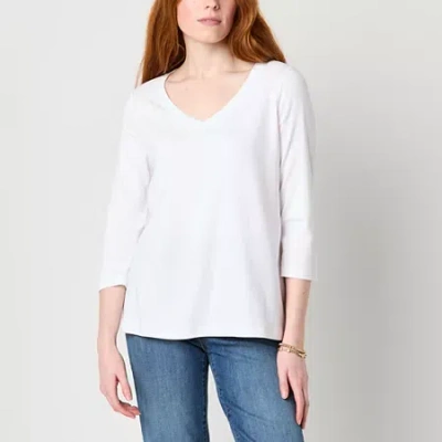 St. John's Bay Womens Easy-on + Easy-off V Neck 3/4 Sleeve Adaptive T-shirt In White