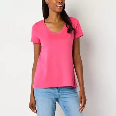 St. John's Bay Womens Easy-on + Easy-off V Neck Short Sleeve Adaptive T-shirt In Pink