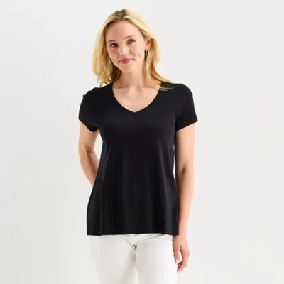 St. John's Bay Womens Easy-on + Easy-off V Neck Short Sleeve T-shirt In Black
