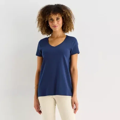 St. John's Bay Womens Easy-on + Easy-off V Neck Short Sleeve T-shirt In Blue