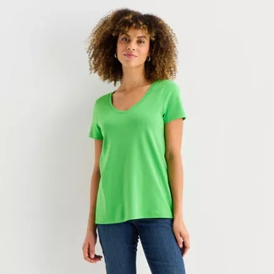 St. John's Bay Womens Easy-on + Easy-off V Neck Short Sleeve T-shirt In Green
