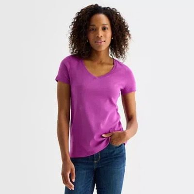 St. John's Bay Womens Easy-on + Easy-off V Neck Short Sleeve T-shirt In Purple