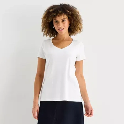 St. John's Bay Womens Easy-on + Easy-off V Neck Short Sleeve T-shirt In White