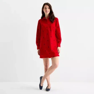 St. John's Bay Womens Embroidered Long Sleeve Bows Shift Dress In Red