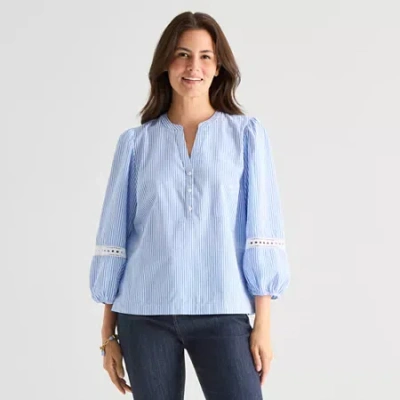 St. John's Bay Womens Henley Neck 3/4 Sleeve Blouse In Blue