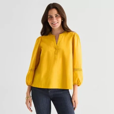St. John's Bay Womens Henley Neck 3/4 Sleeve Blouse In Gold