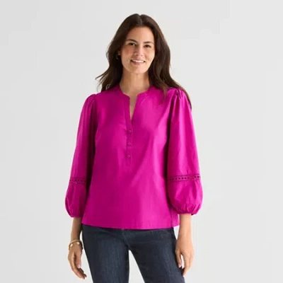 St. John's Bay Womens Henley Neck 3/4 Sleeve Blouse In Pink