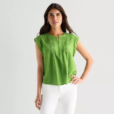 St. John's Bay Womens Henley Neck Short Sleeve Blouse In Green