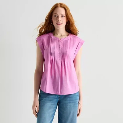 St. John's Bay Womens Henley Neck Short Sleeve Blouse In Pink