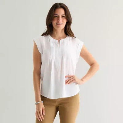 St. John's Bay Womens Henley Neck Short Sleeve Blouse In White