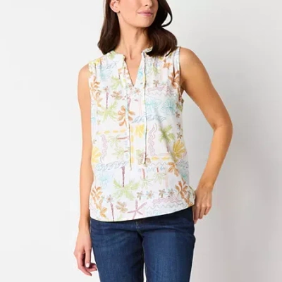 St. John's Bay Womens Hidden Access Opening Split Tie Neck Sleeveless Adaptive Blouse In White