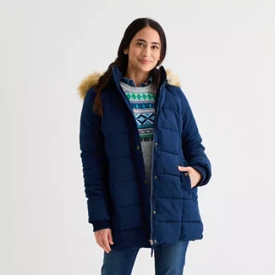 St. John's Bay Womens Hooded Heavyweight Puffer Jacket In Blue