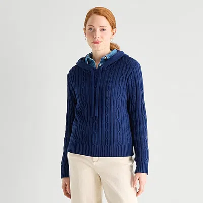 St. John's Bay Womens Hooded Long Sleeve Cable Knit Pullover Sweater In Blue