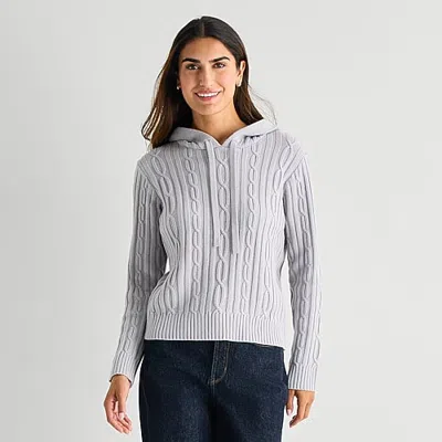 St. John's Bay Womens Hooded Long Sleeve Cable Knit Pullover Sweater In Gray