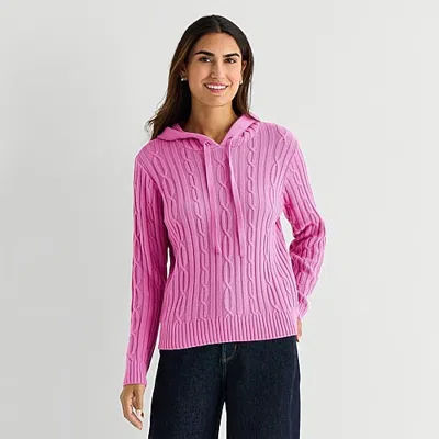 St. John's Bay Womens Hooded Long Sleeve Cable Knit Pullover Sweater In Pink