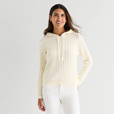 St. John's Bay Womens Hooded Long Sleeve Cable Knit Pullover Sweater In White