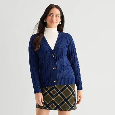 St. John's Bay Womens Long Sleeve Button Cable Knit Cardigan In Blue