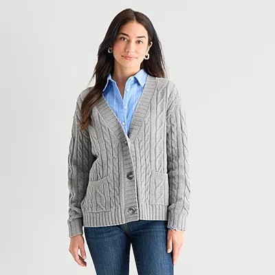 St. John's Bay Womens Long Sleeve Button Cable Knit Cardigan In Gray