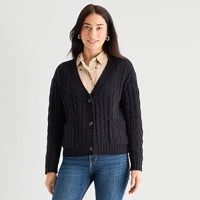 St. John's Bay Womens Long Sleeve Button Cable Knit Cardigan In Multi