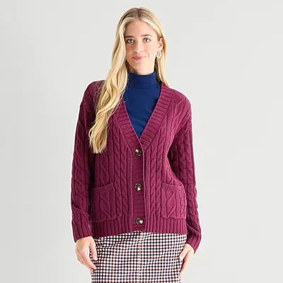 St. John's Bay Womens Long Sleeve Button Cable Knit Cardigan In Multi