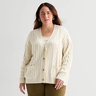 St. John's Bay Womens Long Sleeve Button Plus Cardigan In Beige