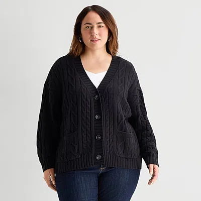 St. John's Bay Womens Long Sleeve Button Plus Cardigan In Black