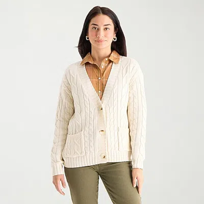 St. John's Bay Womens Long Sleeve Button Tall Cable Knit Cardigan In Beige