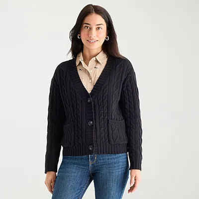 St. John's Bay Womens Long Sleeve Button Tall Cable Knit Cardigan In Black